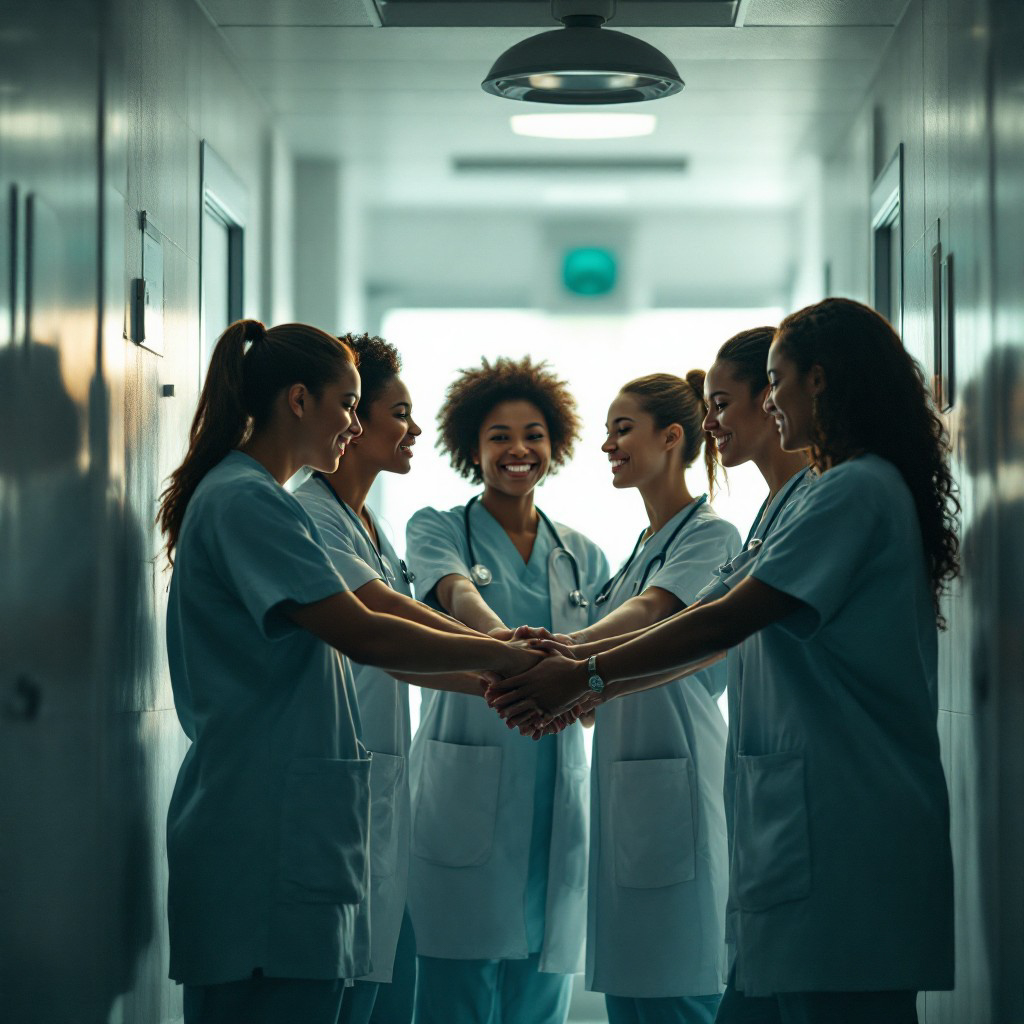 A diverse team of healthcare professionals standing in a circle, engaging in a unifying gesture of solidarity and support within a clinical hallway.